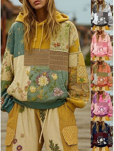  Damen Kapuzenpullover Patchwork Tasche Druck Blumen Karomuster Vintage Western Lässig Langarm Mit Kapuze Normale Oberteile Straße Alltagskleidung Gelb Rosa Wein Dunkelpink Orange Frühling Herbst