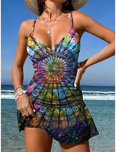  Per donna Costumi da bagno Intero Gonna Costume da bagno Elegante Vacanza Grafico Geometrico Scollo a V Senza Maniche Costumi da bagno