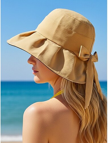  Dameszonnehoed van polyester met brede rand en strikdetail, UV-beschermende opvouwbare zomerpet voor op het strand, verkrijgbaar in verschillende kleuren, stijlvolle bescherming voor de voorjaarsvakantie en dagelijks gebruik.