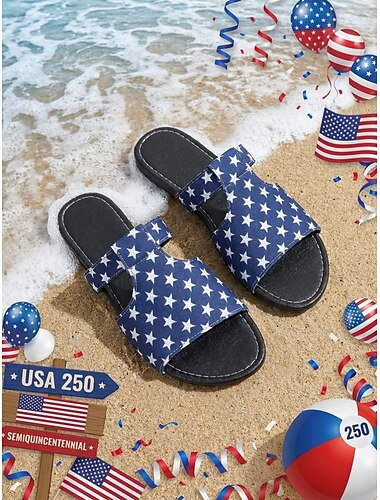  damesandaler med stjernetrykk i USA-stil for 250-årsjubileum – komfortable blå sandaler for parader, patriotiske arrangementer, uformelle utflukter og sommerfeiringer