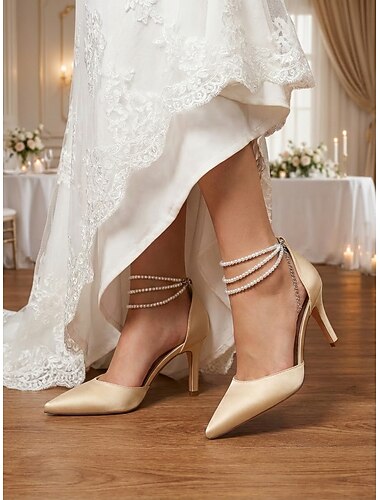  נעלי עקב מחודדות סאטן כסופות לנשים עם רצועות קרסול פנינה, נעלי כלה אלגנטיות לחתונות חוף