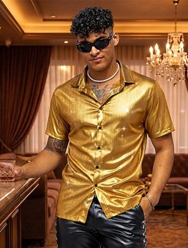  Retro Vintage Anos 70 Anos 80 Camisa Discoteca Metálico Brilhante Fantasia Homens Fantasia de Carnaval Natal Dia Das Bruxas Carnaval Bandagem Festa temática Parada do Orgulho Adulto Camisa