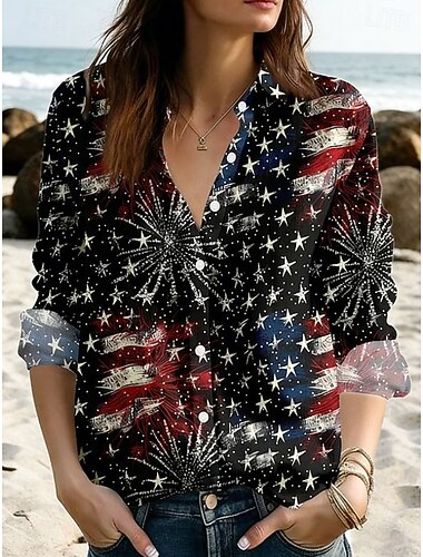  Giorno dell'Indipendenza Americana Per donna Camicia Bottoni Stampato Grafico 250° anniversario degli Stati Uniti Vintage Elegante Moderno Manica Lunga Colletto a Camicia Top lunghi Quotidiano Blu