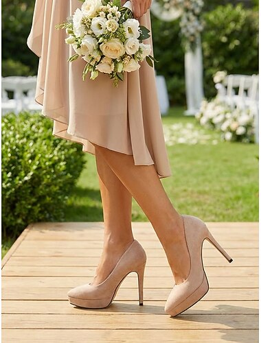  Damesstiletto's van smaragdgroen suède – elegante hakken voor bruidsmeisjes bij een bruiloft in de tuin.