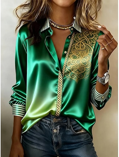  Dame Skjorte Sateng skjorte Trykt mønster Blomstret Grafisk Bohem Årgang Klassisk Langermet Skjortekrage Vanlige topper Daglig Ferie Ut på byen Hvit Gull Grønn Kakifarget Sommer Vår Høst