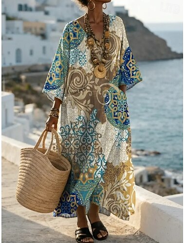  Mujer Vestido maxi Vestido de verano Vestido de una línea Vacaciones Casual Boho Playa Noche Holgado Floral Graphic Geométrico Manga Larga Escote en Pico Azul Real Verde Trébol Caqui Beige Verano