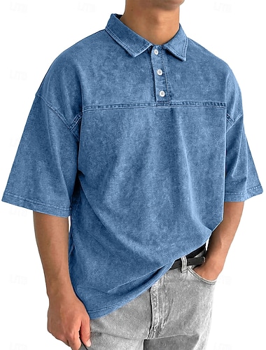  Herren Acid-Wash-Shirt Baumwoll-Poloshirt Lässig Geschäft Gerippter Polokragen Kurzarm Mode Basic Einfarbig Farbblock Knöpfe Gewaschen Sommer Frühling Frühling & Herbst Lässiger Schnitt Schwarz
