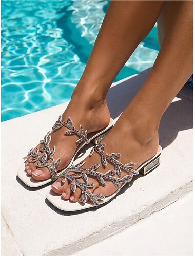  Damessandalen met zwarte strass-bladmotief - elegante muiltjes met lage blokhak voor luxe resortzwembaden en tropische vakanties. &zomeravondactiviteiten
