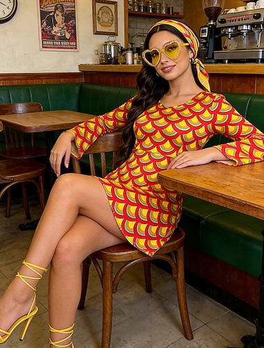  Rétro Vintage Années 1970 Mode Mod Robe Bandeau Manches longues Hippie Déguisement Femmes Halloween Carnaval Festival de Musique Soirée à thème rétro Adulte Robe Bandeau
