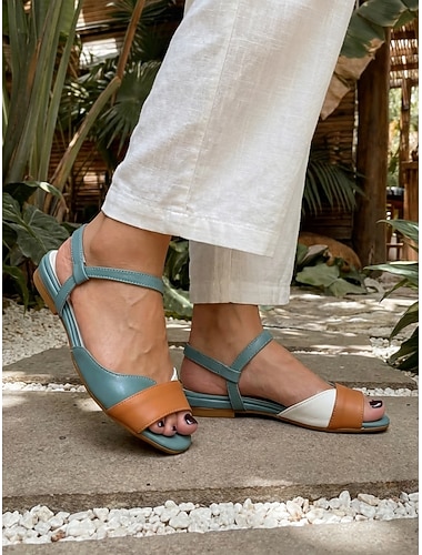 Sandales plates à blocs de couleurs pastel pour femmes – jolies chaussures d'été à bride arrière en rose, bleu et blanc pour un usage quotidien et des tenues de vacances