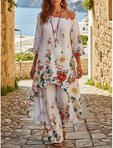  Damen Zweiteilige Sets Hosen-Sets Bolero-Oberteil Langarm Rundhalsausschnitt Blumen Grafik Bohemien Mode Streetwear Lässig Täglich Outdoor Weiß Rosa Königsblau Frühling Lässiger Schnitt