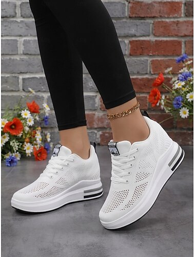  Witte, ademende Flyknit platform sneakers voor dames - lichtgewicht, gedempte wandelschoenen, moderne, casual modieuze sneakers voor hardlopen, reizen, werk, de sportschool en winkelen. &dagelijkse