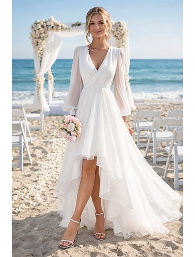  Robe blanche pour la douche nuptiale robe de douche de mariée robes de mariage A-line encolure en V manches longues asymétriques chiffon robes de mariée avec couleur unie