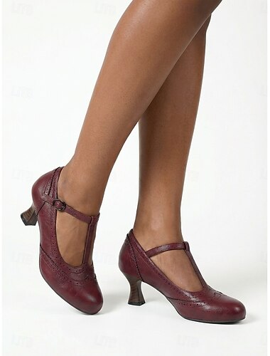  Dames Mary Janes in retrostijl uit de jaren 50, wit - elegante pumps met T-bandje en vleugelneus, met een hak van houtnerf, perfect voor vintage bruiloften en retrofeesten. &klassieke jurken outfits