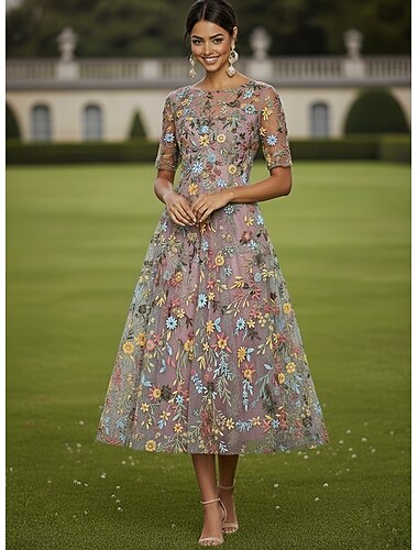  Ligne A Robe Longueur thé Robe de Cocktail Robe d'invité de mariage Robe de Mère de Mariée  Demi Manches Col ras du cou Col Bateau Élégant Occasionnel Formel Kentucky Derby Semi-Formel Tulle avec