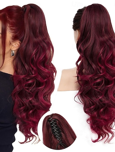  24 Zoll lange, gewellte Pferdeschwanzverlängerung, burgunderroter Ombré-Haarclip, lange lockige, gewellte weinrote Pferdeschwanzverlängerung mit Haarclip für Damen, 24 Zoll