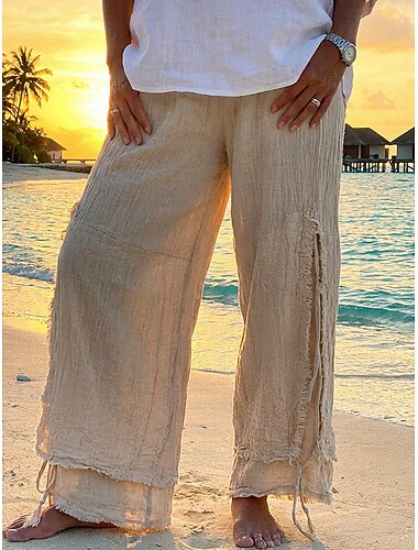  Dame Imitert bomullslin Bred Bukseben Bukser Uformelle bukser Ferie Mote Gatemote Full lengde Høy Midje عادي Elastisk midje Bekvem Uelastisk Daglig Ferie Ut på byen Beige Vår Høst Løstsittende