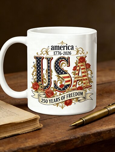  Amerikansk keramisk kaffemugg för 250-årsjubileum, vit mugg 11,2/15,2 oz med amerikansk flagga &250 år, keramisk kaffemugg för halvhundraårsjubileum, 1776-2026 Amerika 250, perfekt för kontor eller