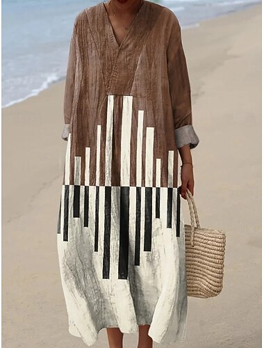  Mujer Vestido maxi Vestido de verano Vestido de cambio Vacaciones Casual Playa Noche Holgado Graphic Geométrico Abstracto Manga Larga Escote en Pico Marrón Caqui Verano Primavera
