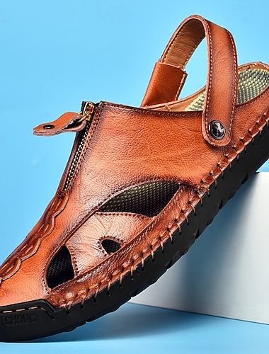  Sandales pour hommes en similicuir marron à bout fermé, chaussures décontractées respirantes cousues à la main, idéales pour l'été, la plage et les activités de plein air.
