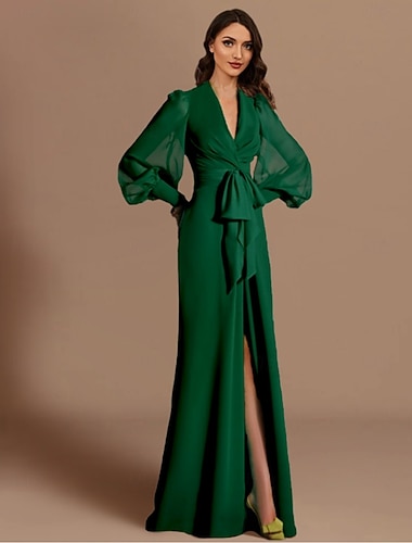  Strandbryllup Mermaid Kveldskjole Elegant Kjole Formell Bryllupsgjest Sweep  Brush Train Lange Ermer V-hals Høst Bryllupsgjest Chiffon med Splitt Strappy