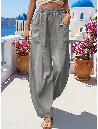  Damen Kunstbaumwollleinen Tapered Hose Sommerhose Hosen Hose Mode Basic Lässig Volle Länge Mittlere Taille Einfach Seitentaschen Baggy Komfort Mikroelastisch Urlaub Straße Alltagstauglich Blau