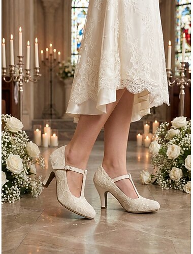  Kvinnenes elfenben blonder T-stropp mid-hæl pumper - 1920-talls vintage Gatsby flapper bryllupssko bruder og formelle anledninger