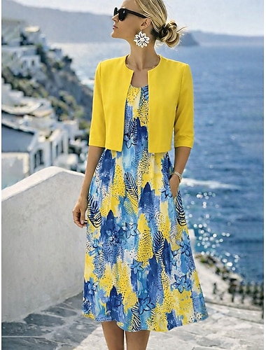  Damen Kleid-Set A Linie Kleid Elegant Urlaub Blumen Grafik Geschichtet Druck Midikleid Halbarm Rundhalsausschnitt Täglich Gelb Rosa Grau Sommer Frühling Normale Passform