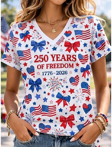  独立記念日 アメリカの記念日 愛国的 女性用 Tシャツ プリント グラフィック フラッグ ビンテージ スタイリッシュ クラシック ショートスリーブ Vネック レギュラー トップス デイリー ブルー ホワイト-ブルー ホワイト 夏 春