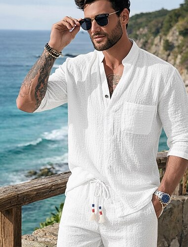  Férfi Ágyneműkészlet 2 darab Ing készlet És Készlet Sima Hétköznapi Napi Vakáció Mandarin gallér Álló gallér 3/4-es ujj Hosszú nadrág Tavaszi nyár Nyár Divat Alkalmi Kényelmes Ruházat