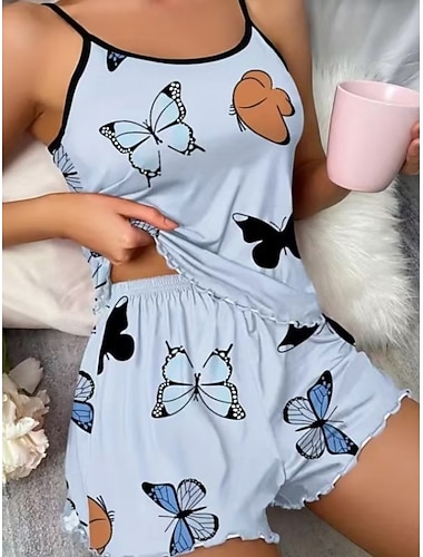  Damen Schlafanzug Set Lässig Komfort Schmetterling Elastischer Bund Shorts Täglich Heim Ärmellos Rundhalsausschnitt Blau Rosa Beige Sommer Frühling Normale Passform