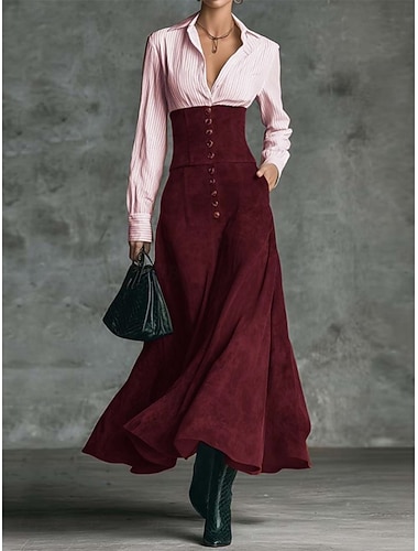  Per donna Abito Midi Abito Camicia Abito da lavoro Elegante Moda Moderno All'aperto Vacanza Uscire Vestibilità regolare Blocco di colori Manica Lunga Scollo a V Rosso Primavera Autunno