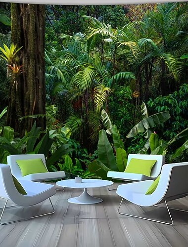  ジャングルオアシスのタペストリーは、鮮やかな緑の葉と緑豊かな植物で、リビングルーム、寝室、家の雰囲気を高めるのに最適な壁装飾です。