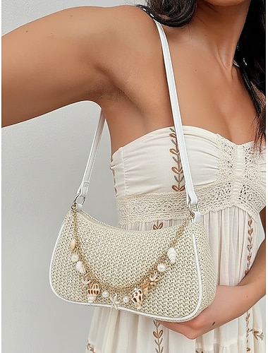  Damestas van polyester met strovlechtwerk en schelpenketting, ideaal als accessoire voor strandvakantie of dagelijks gebruik.