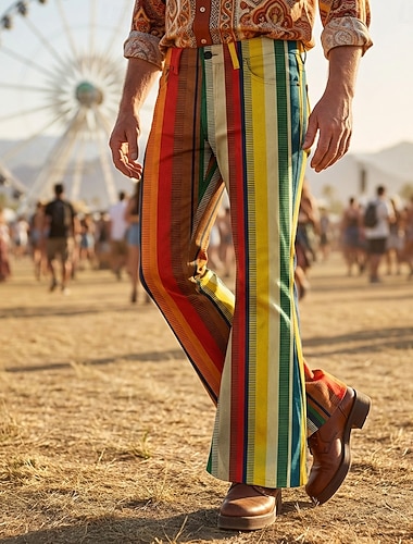  Rétro Vintage Boho Années 1970 Pantalon Pantalons à pattes d'éléphant Hippie Disco Taille haute Zigzag Déguisement Homme Halloween Carnaval Festival de Musique Soirée à thème rétro Adulte Pantalon