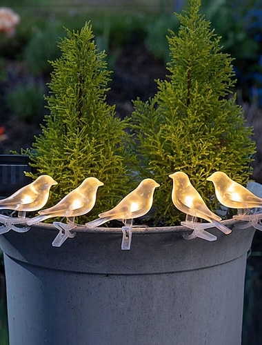  Utendørs solcelledrevet fuglelyslenke med 5 lys og klips, IP44 vanntett veggmontert &gjerdekor, hage, terrasse, bakgård, villa og landskapsbelysning