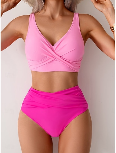  Dámské Plavky Bikiny 2 ks Plavky Nabírané šaty Volná záda prázdniny Oblečení na pláž Bez vzoru Do V Bez rukávů Plavky