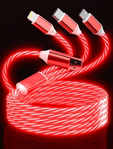  Câble de charge lumineux 3 en 1, câble de charge multi-LED, cordon de charge lumineux, câble USB 3A, compatible avec la plupart des smartphones