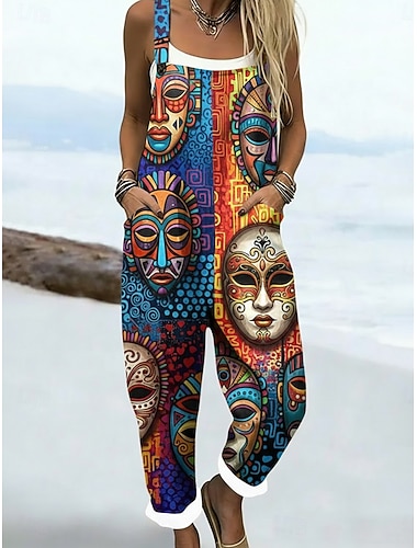  Damen Overall Aktiv Grafik Ärmellos Ärmellos Weites Bein Quadrathals Tasche Druck Täglich Urlaub Lässiger Schnitt Marineblau Sommer