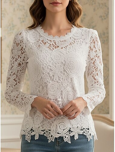  Damen Hemd Bluse Spitzentops Spitze Einfach Vintage Klassisch Lässig Langarm Rundhalsausschnitt Normale Oberteile Täglich Ferien Ausgehen Blau Schwarz Weiß Rosa Wein Frühling Herbst