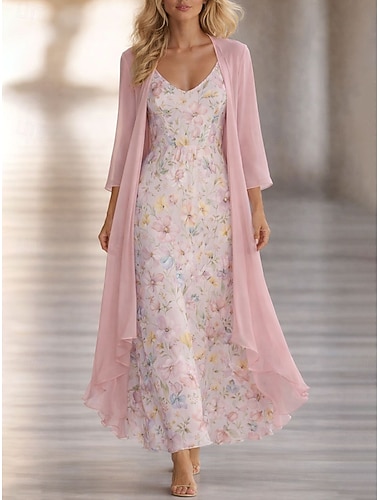  Damen Kleid-Set A Linie Kleid Elegant Urlaub Blumen Grafik Geschichtet Druck Maxikleid Dreiviertelarm V Ausschnitt Täglich Strand Rosa Grün Beige Sommer Frühling Normale Passform
