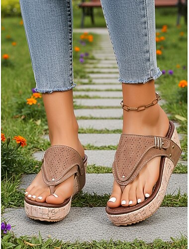  Dames Casual Dagelijks Siernagel Plateau Wig Open teen Casual Imitatieleer Instapper Blauw Bruin