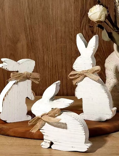  Conjunto de 3 peças de coelhos brancos para decoração de mesa, enfeites decorativos de Páscoa, peças centrais para mesa de jantar, lareira, hall de entrada, cantinho do café, mesa de escritório e