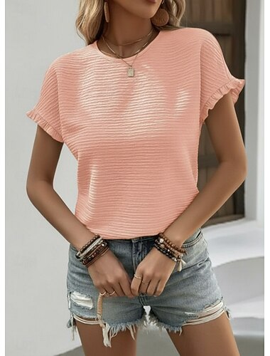  naisten t-paita tyylikäs muoti rento röyhelö lyhythihaiset tavalliset topit pyöreä pääntie päivittäin valkoinen pinkki khaki kesä kevät syksy
