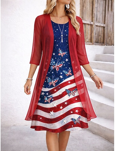  Unabhängigkeitstag Patriotisches Damen Kleid Set A-Linien Kleid Elegant Urlaub Grafische Flagge Lagen Druck Midi Kleid Halblangarm Rundhals Alltag Blau Weiß Rot Sommer Frühling Reguläre Passform