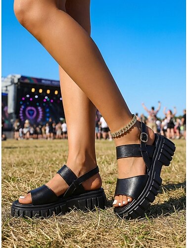  sandali sportivi con plateau neri da donna - sandali con cinturino e suola spessa per Coachella, festival musicali &abiti da concerto estivi audaci
