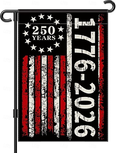  Vintage-Gartenbanner mit amerikanischer Flagge zum 250. Jahrestag der USA (1776–2026) im Used-Look in Rot, Weiß und Schwarz für die Außendekoration
