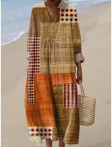  Per donna Abito maxi Vestito Estivo Abito a Tubino Vacanza Casual Spiaggia Uscire Vestibilità comoda Grafico Geometrico Astratto Manica Lunga Scollo a V Blu Marrone Cachi Estate Primavera