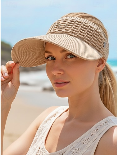  Chapéu feminino casual esportivo com viseira, em malha de poliéster elástica com aba larga, leve, respirável e ajustável, perfeito para uso diário, férias, praia, esportes ao ar livre e viagens.