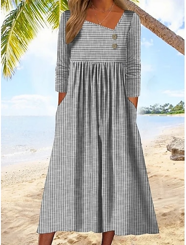  Damen Midikleid Freizeitkleid Sommerkleid Druckkleid Elegant Mode Modern Outdoor Strand Urlaub Normale Passform Gestreift Langarm V Ausschnitt Rote Grün Grau Sommer Frühling